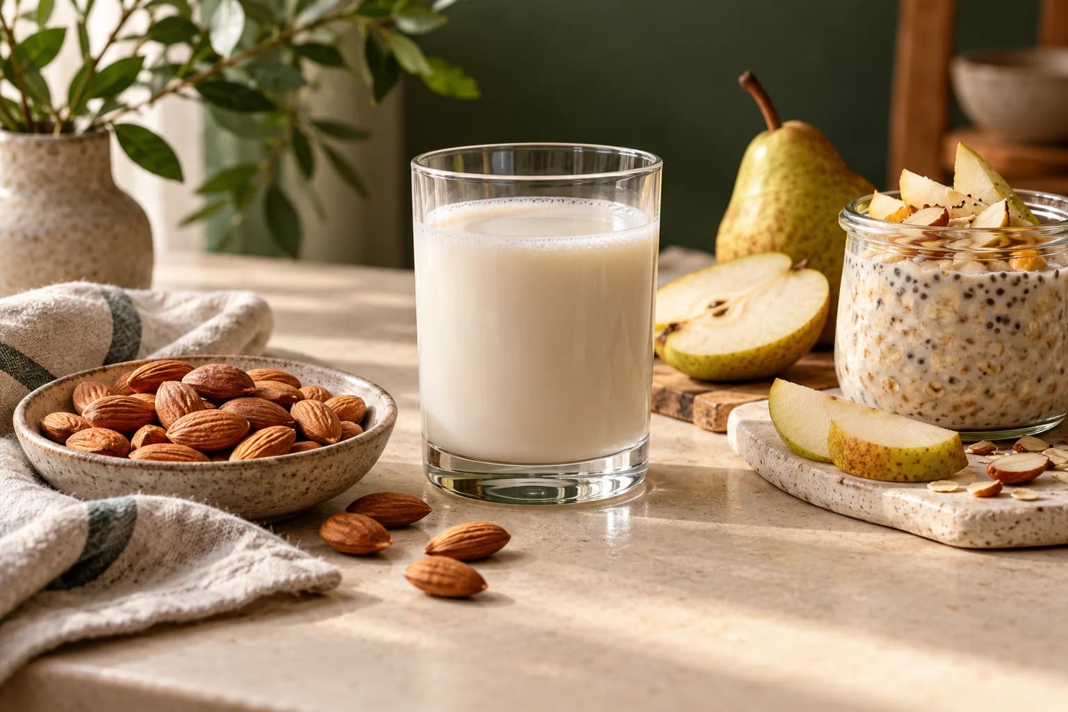 Almond drink beside whole almonds, sliced pear and overnight oats in soft morning light