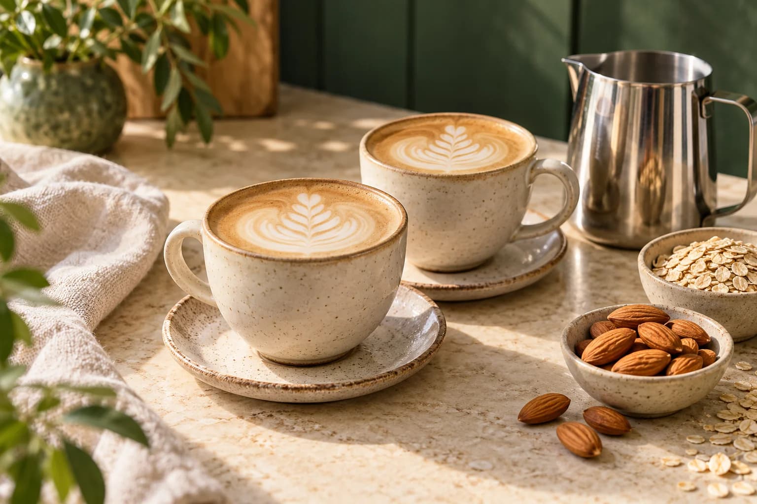Two ceramic coffees with latte art beside a steaming pitcher, oats and almonds