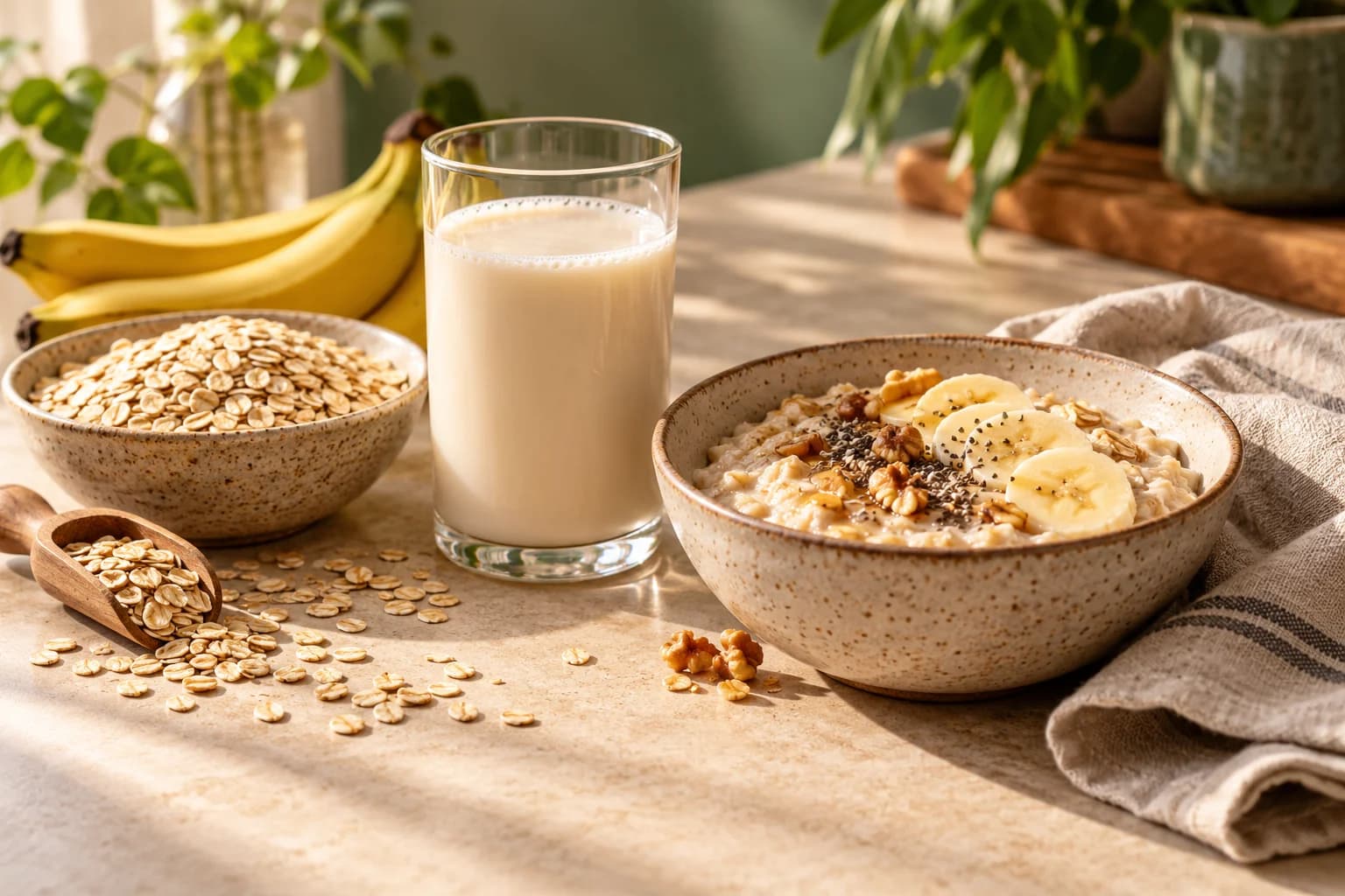 A glass of oat drink with rolled oats and a banana breakfast bowl on a cream countertop