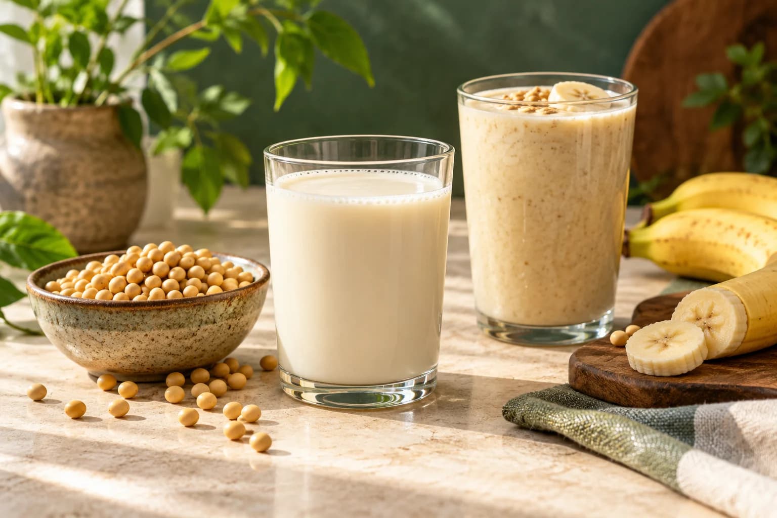 Soya drink with yellow soybeans and a banana smoothie on a naturally lit breakfast table